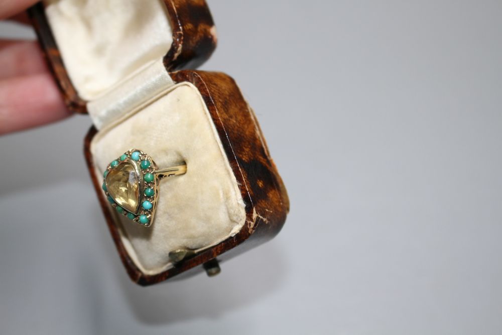 A 1960s 9ct gold, heart shaped citrine and turquoise bead set heart shaped dress ring,